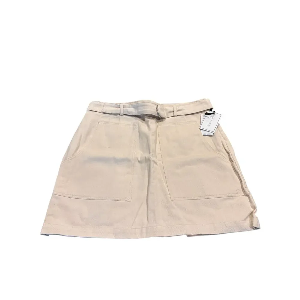 1. STATE Linen Blend Belted Mini Pencil Skirt White Swan Size 14